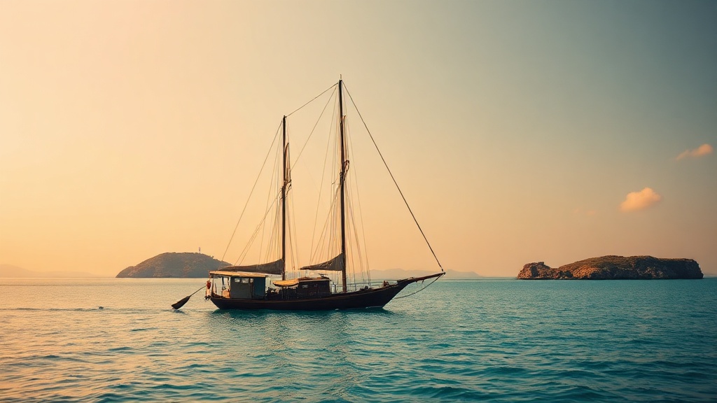 Traditional phinisi liveaboard at anchor in Komodo National Park at golden hour